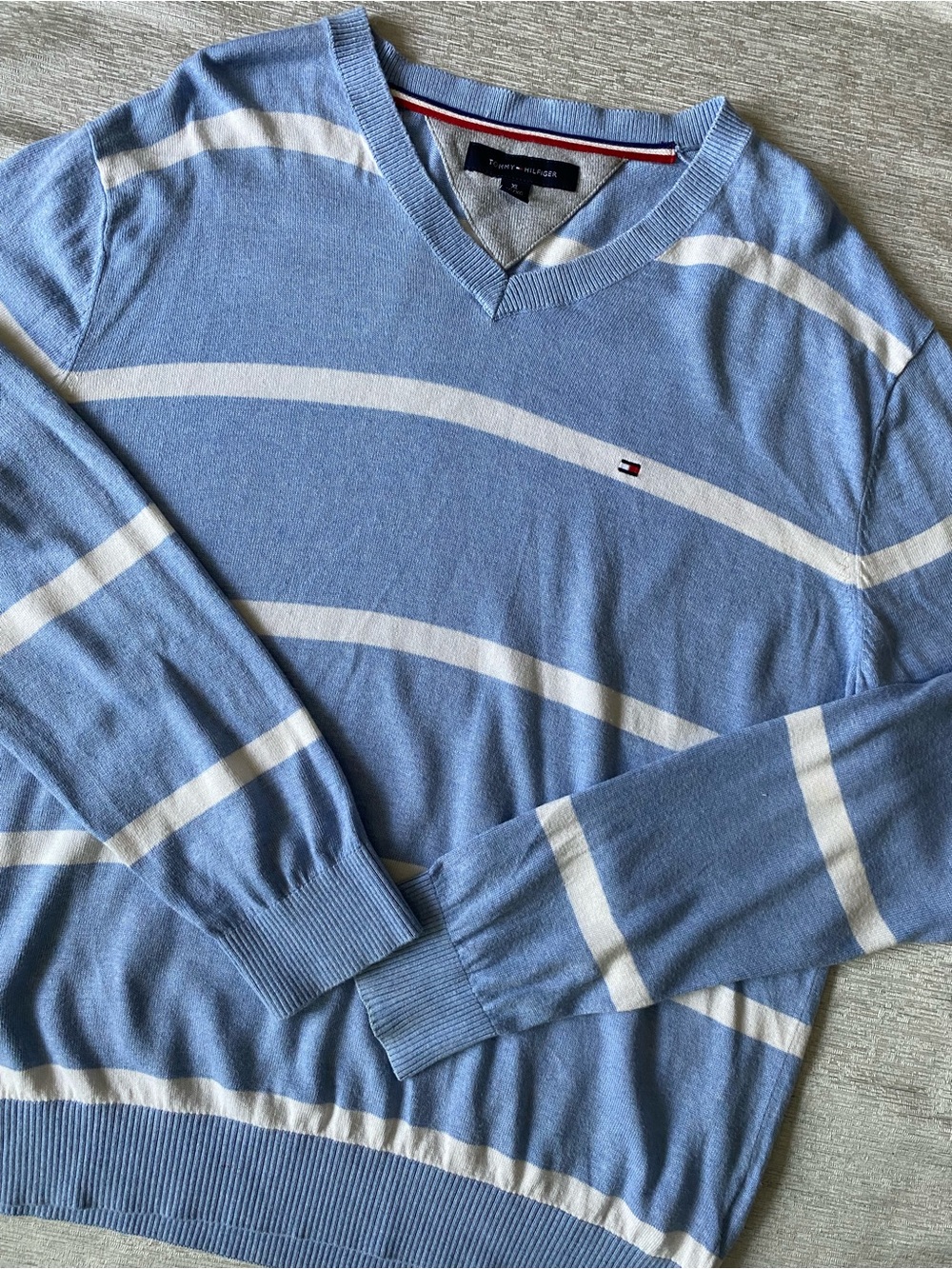 Tommy Hilfiger Men's Sky Blue White Stripe V-Neck Sweater Cotton Modal